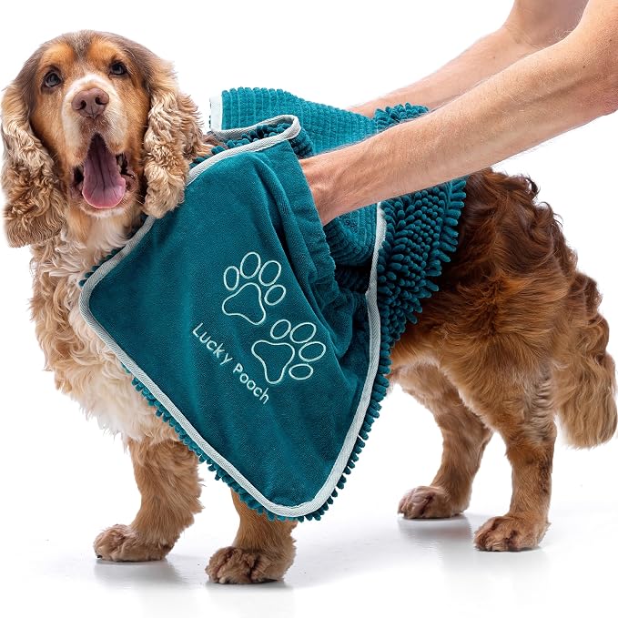 Lucky Pooch® Super Absorbent Shammy Dog Towel - Luxuriously Soft Hand Pockets – 34.5x12.5in – Quick Drying Microfiber Dog Bath Towel – Durable Dog Towels for Drying Dogs (Pack of 1, Teal)