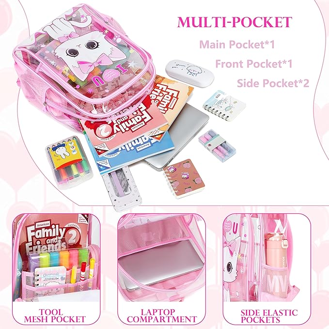AO ALI VICTORY Clear Backpack for School,PVC Transparent Kids Bookbag for Girls Boys Cute Toddler Back Pack Kindergarten Elementary Schoolbag Stadium Approved See Through Backpacks,Pink Cat