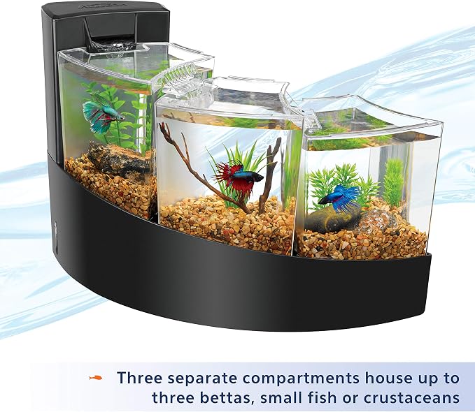 Aqueon Betta Falls 3 Section Aquarium Fish Tank With QuietFlow Power Filtration, Black