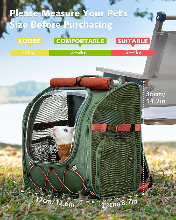 Pecute Small Pet Carrier, Breathable Guinea Pig Carrier with Transparent Bubble & Steel Frame, Safety Lock for Hamster, Rabbit, Bearded Dragon, Lizard, Ideal for Hiking, Vet Visits, Camping, Green