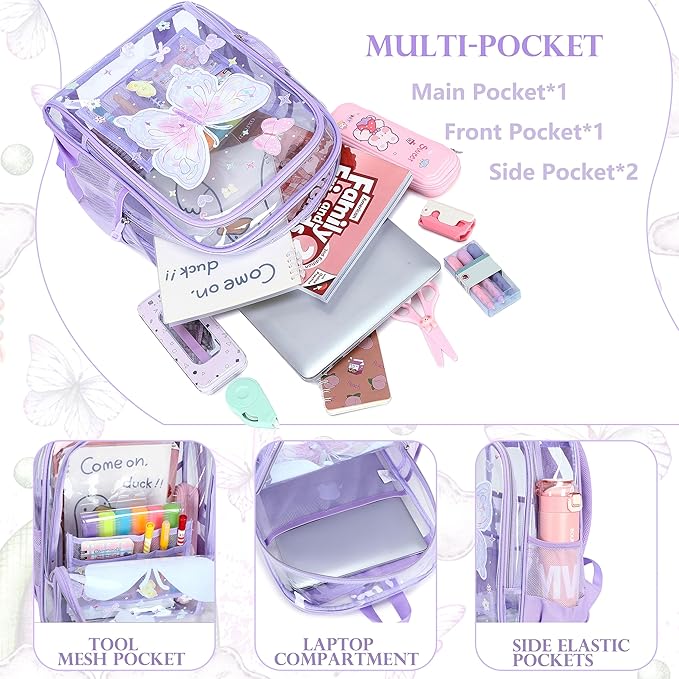 AO ALI VICTORY Clear Backpack for School,PVC Transparent Kids Bookbag for Girls Boys Cute Toddler Back Pack Kindergarten Elementary Schoolbag Stadium Approved See Through Backpacks, Purple Butterfly