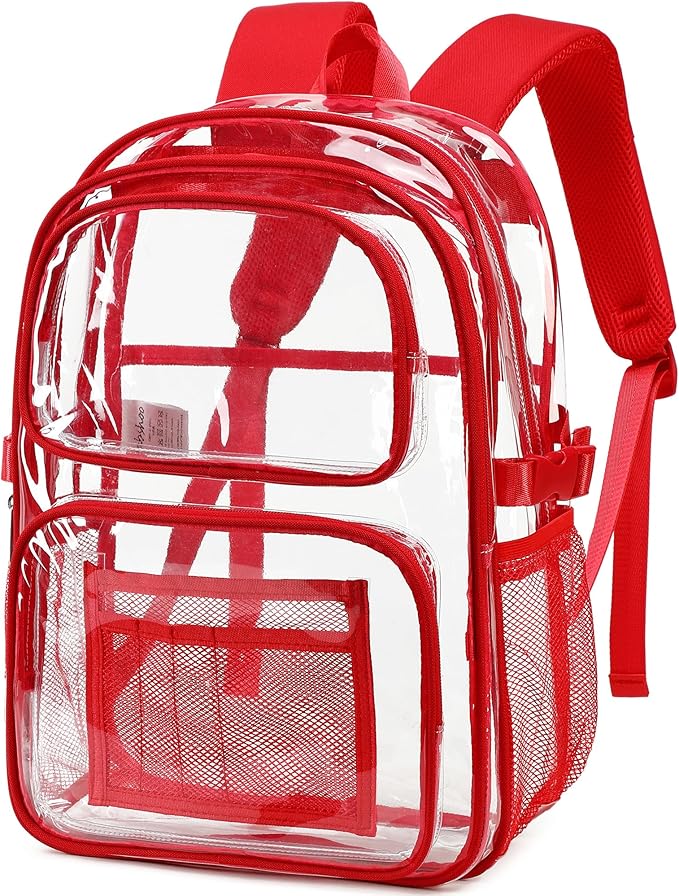 abshoo Large Heavy Duty Clear Backpack For School Bookbag Transparent Multi Pocket Backpacks (Red)