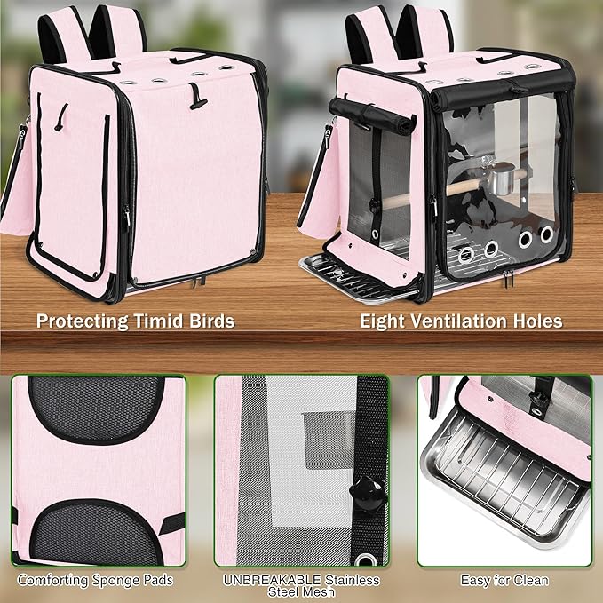 Bird Carrier with Seat Belt for Car Travel, Bird Backpack Carrier with Indestructible Stainless Steel Mesh, Large Bird Carrier Travel Cage, Pink