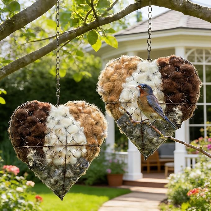 Handmade Alpaca Fiber Bird Nesting Heart, Refillable Nesting Material Accessory for Wild Birds, Outdoor Garden Decoration, Gift for Bird & Nature Lovers, Hummingbird Nesting Material (2 set)