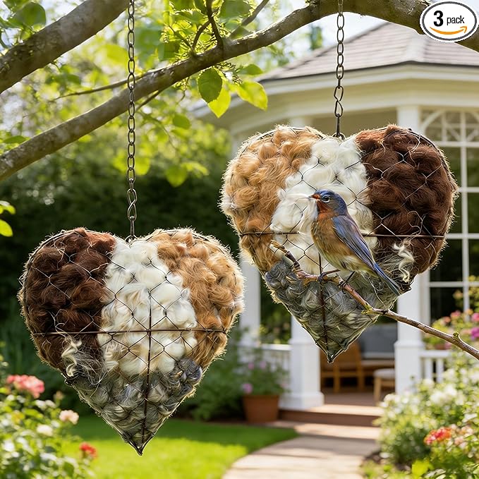 Handmade Alpaca Fiber Bird Nesting Heart – Refillable Bird Haven with 6 Nesting Material Refill Bags – Eco-Friendly Hanging Nest for Hummingbirds & Wild Birds, Garden & Yard Décor (3Sets)