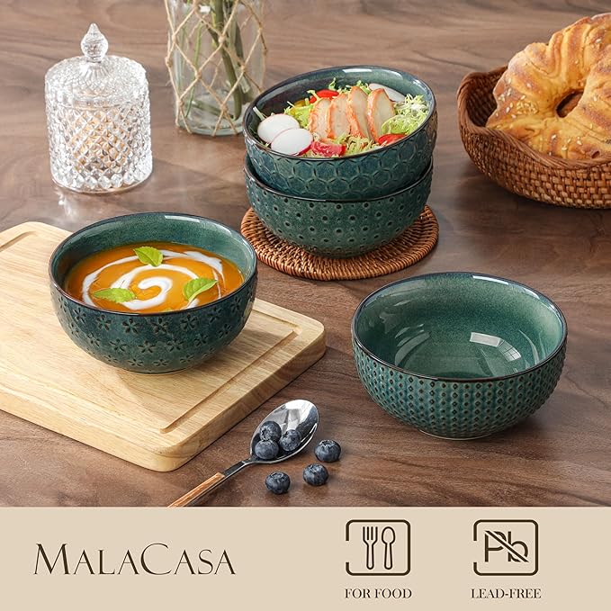 MALACASA Cereal Bowls, 30 Ounce Ceramic Green Soup Bowl for Kitchen, Stoneware Bowls Set of 4 with Embossment for Pho, Chip, Fruits, Salad, Noodle, Ramen - 6 Inch, Series LYDIA