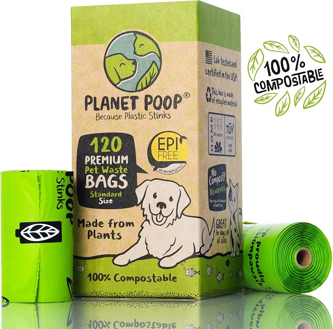 PLANET POOP Home Compostable Dog Poop Bags on Refill Rolls, 120 Un-Scented Pet Waste Bags, Thick Leakproof Plant-Based Doggy Bag, Cat & Dogs Supplies