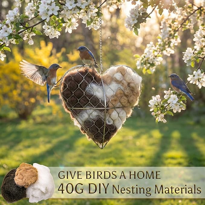 Handmade Alpaca Fiber Bird Nesting Heart - Refillable Heart Shape with Nesting Material, Winter Shelter for Wild Birds & Hummingbirds, Garden Decor Gift for Bird Lovers (1 Set)