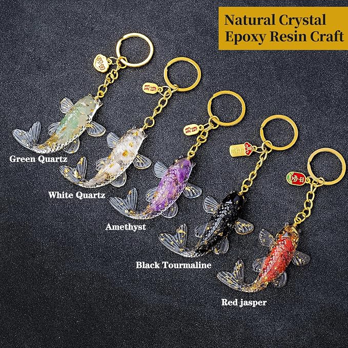5 PCS Key Chain Natural Crystal Crushed Stone Resin Koi Fish Keychains Resin Handicrafts Car Bag Hangers Buckles Pendants Animal Gifts (5pcs-Fish, 1.37 ")