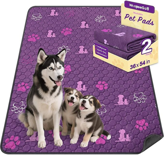 WanpeeGoo Washable Pee Pads, Puppy Pee Pad for Dogs, 2 Pack Absorbent Reusable Training Dog Pads Pet Puppy Pads, Non-Slip Potty Pads for Whelping, Playpen, Crate, Bed, Purple 36"x54"