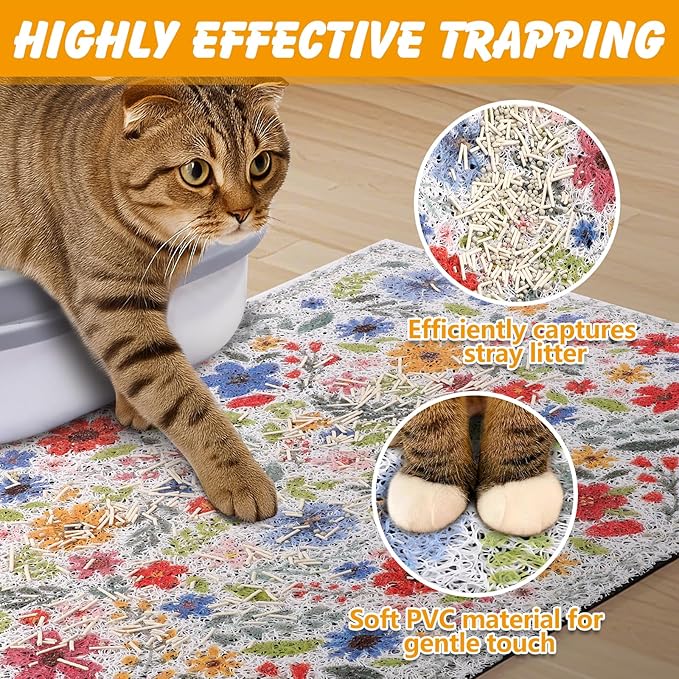 Cat Litter Mat, 20x15 in Litters Box Mat Waterproof Non-slip Easy to Clean Washable Trapping Mat for Kitty(White Leaves)