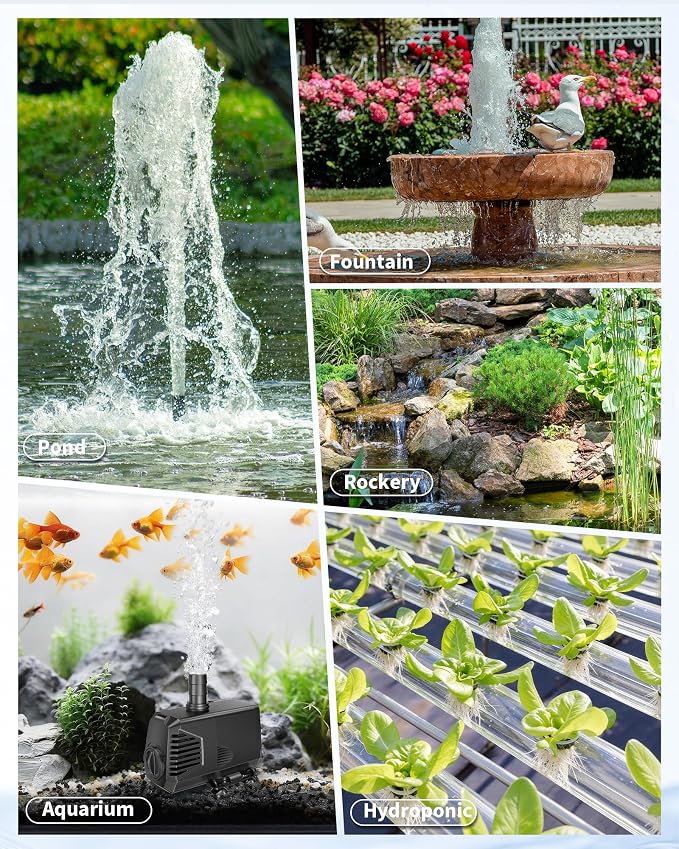 400GPH Submersible Pump(1500L/H, 24W), Ultra Quiet Fountain Pump with Over Heating Protection & Filter Sponge 6.6ft High Lift for Pond, Fish Tank, Aquarium, Hydroponics, Waterfall Q103