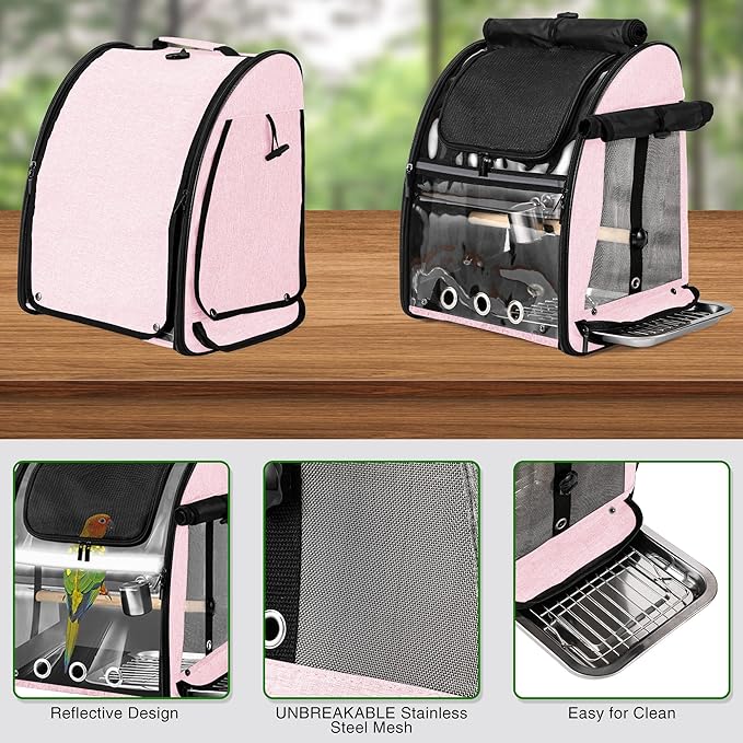 Bird Carrier Bag with Indestructible Stainless Steel Mesh, Bird Travel Cage with Stand, Easy to Clean Backpack for Parrot, Portable Bird Travel Bag, Pink
