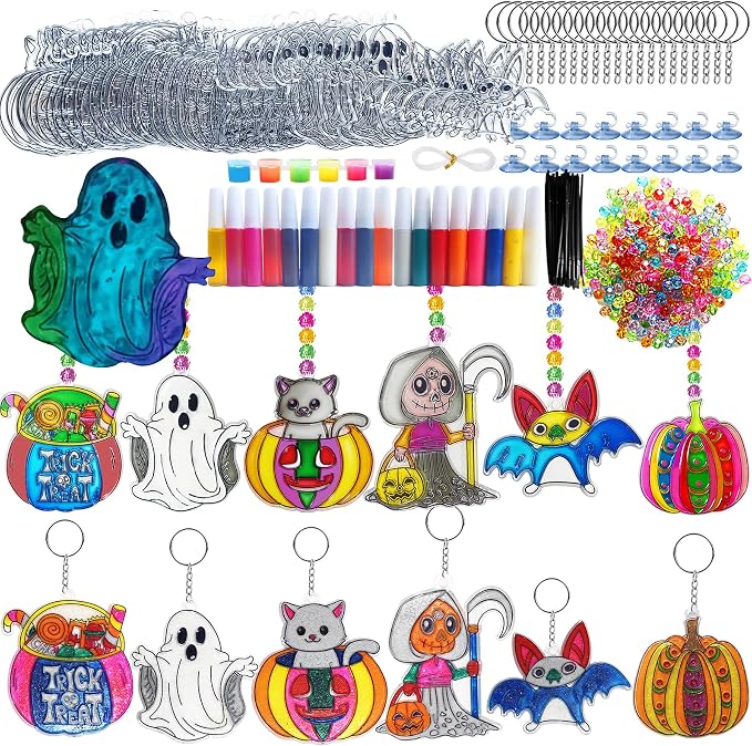 Ayhuhra 30 Set Halloween Suncatcher Keychain Craft Kits, DIY Window Art | Witch, pumpkin, bat, cat and ghost crafts for Halloween parties, trick or treat decor, spooky windows, and fall art projects