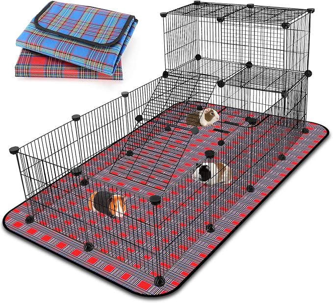 FHTONGE Extra Large Guinea Pig Cage Loft with 2 Waterproof Bedding, DIY Expandable Guinea Pig Playpen with Mat, Modular Small Animal Playpen with Mat for Rat Hamster Chinchilla Bunny (24x C&C Panels)