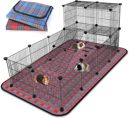 FHTONGE Extra Large Guinea Pig Cage Loft with 2 Waterproof Bedding, DIY Expandable Guinea Pig Playpen with Mat, Modular Small Animal Playpen with Mat for Rat Hamster Chinchilla Bunny (24x C&C Panels)
