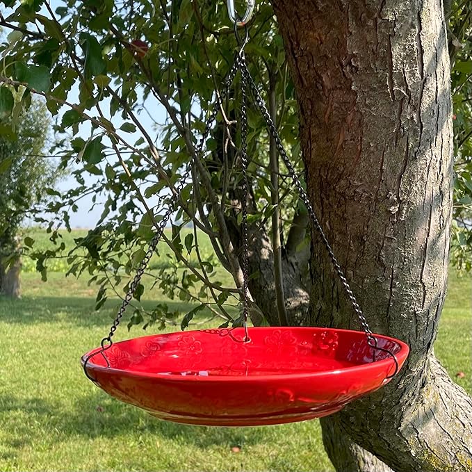 Red Ceramic Bird Bath Bowl - Hanging Bird Baths for Outdoors - 12-Inch Glazed Ceramic Bowl with Embossed Cardinal & Dogwood Design - Metal Chain & Hook