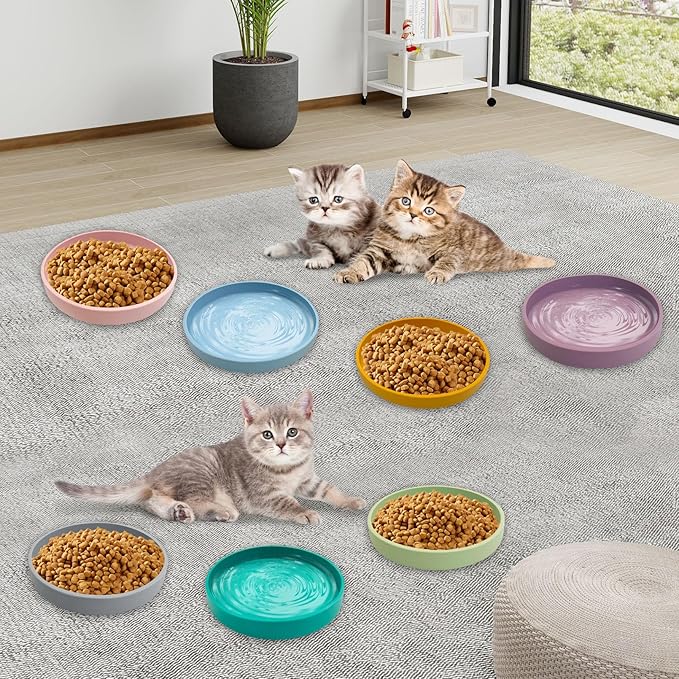 Silicone Cat Food Bowl Shallow Dishes 5.9in Wide Cats Bowls Kitty Plates Relief Whisker Fatigue Puppy Feeding Bowl for Dry Food and Wet Food Indoor (Round Bean Green)