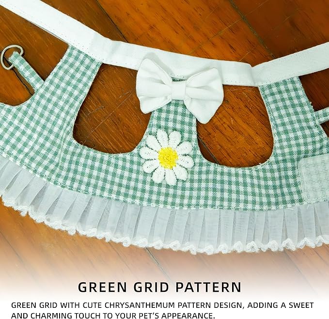 SMOLKITH Rabbit Clothes - Bunny Adjustable Checkered Dress with Leash, Small Animal Apparel for Walking - Fits Guinea Pigs, Chinchillas, Meerkats, Prairie Dogs, Pet Rats (Green Mini Gingham Dress)