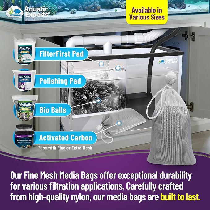 Aquatic Experts Fine Aquarium Media Bag, Durable Drawstring Bags for Fish Tank Filters, 450 Micron Mesh, (Fine, 5" x 9" - 4 Pack)