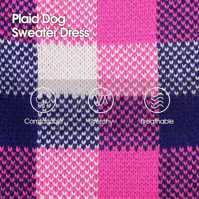 Dog Sweater Dress Plaid Knitwear for Small Medium Dogs Warm Puppy Pet Turtleneck Stretch Pullover Cute Fall Winter Vest Clothes with Leash Hole for Christmas (Navy, 2XL)