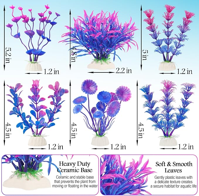 MyLifeUNIT Fish Tank Decorations, 7 Pieces Aquarium Plants Set with Coral Reef Decoration Mountain Cave Ornament for Betta, Goldfish, Shrimp to Breed, Play and Rest (Purple)