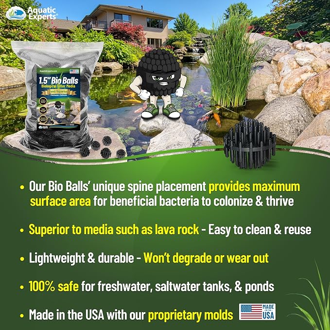 Aquatic Experts 1.5" Large Bio Balls for Ponds – Biological Filter Media for Waterfalls & Outdoor Pond Filters, Treats Up to 1,000 Gallons (300 Count + 14" x 20" Mesh Bag)