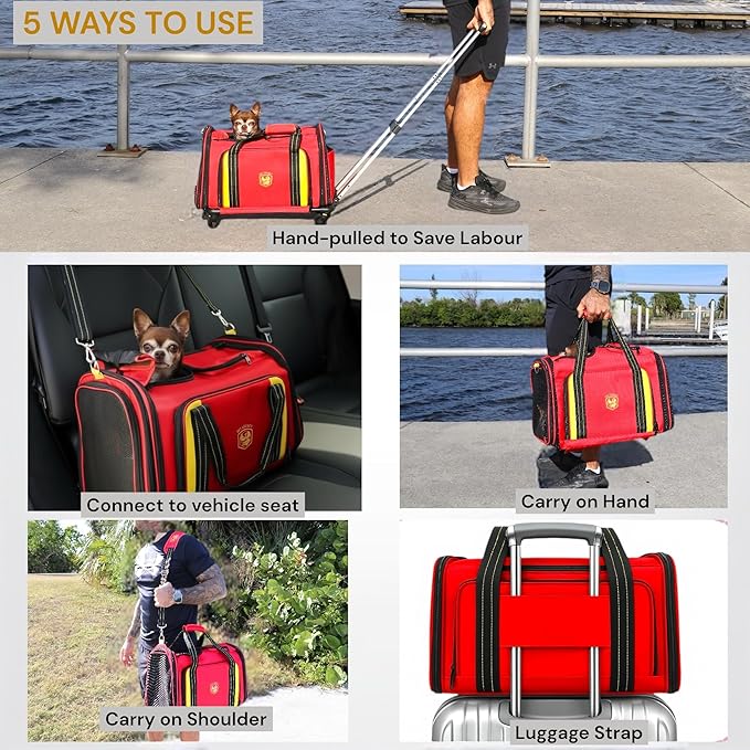 MY LEGACY Expandable Pet Carrier with Wheels & Matching Leash – Airline Compliant Cat & Small Dog Carrier, Fits Under Most Airplane Seats for In-Cabin Travel, Soft-Sided Collapsible, Pets Up to 18 lbs
