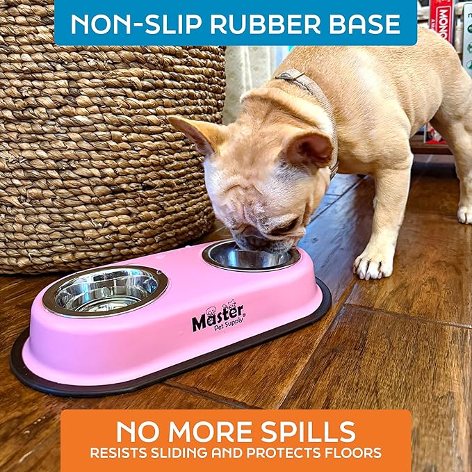 Master Pet Supply Double Dog Bowls Set with Elevated Base and 2 (8 oz) Stainless Steel Removable Dishes (Hyper Pink) – Double Cat Food Water Bowl, Dog Puppy Food Bowl Set, Rust Resistant