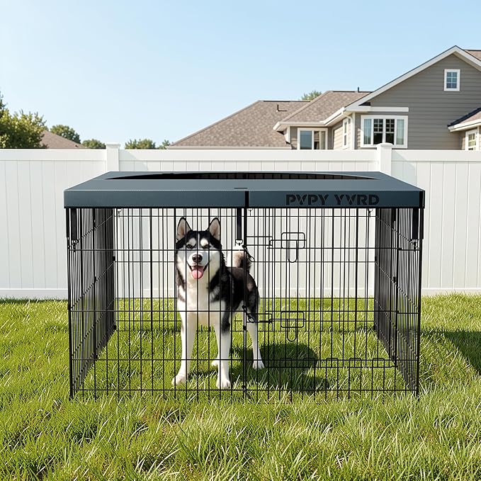 Dog Playpen with Top Cover,Foldable Metal Puppy Play Pen,24x30in 8 Panels Dog Playpen with Door for Indoor Outdoor,Heavy-Duty Pet Exercise Fence for Small Medium Animals