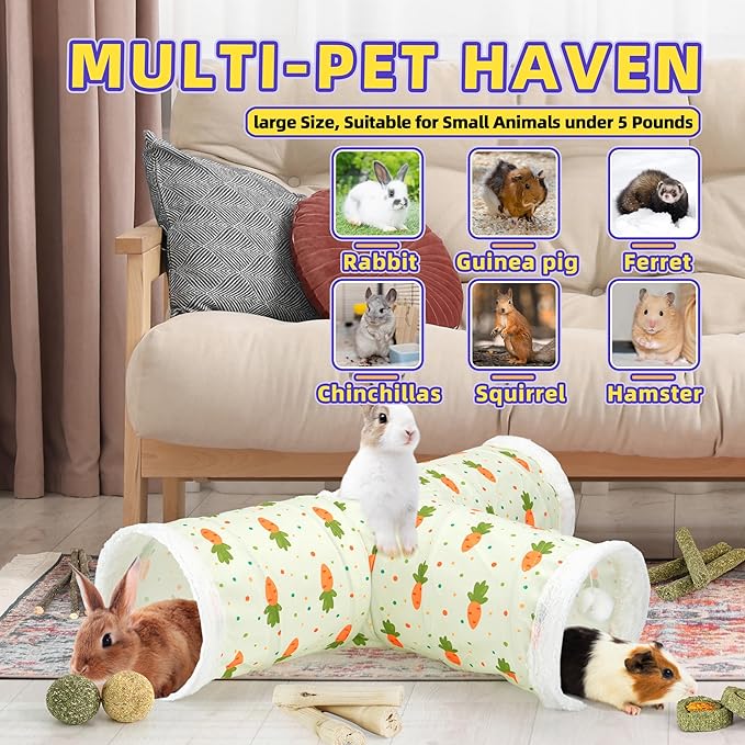 Bunny Tunnels & Tubes Collapsible 3 Way Rabbit Hideout with 13pcs Toys for Bunny Guinea Pig Hamster Chinchilla Hedgehog Rat Ferret Kitten (Fleece Carrot)