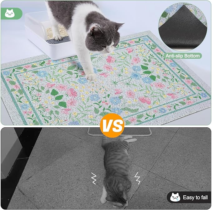Glittme Cat Litter Mat with Non-Slip Bottom Litter Box Mat 24"X15" Litter Trapping Mat Easy to Clean Washable Cat Food Mat for Kitty,S