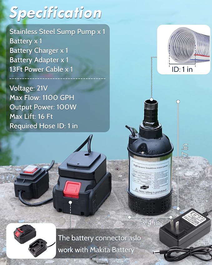 Cordless Submersible Water Transfer Pump, 1100GPH Battery Powered Sump Pump for Hot Tub, Portable Submersible Utility Pump for Camping, Rain Barrel, Includes 21V Battery, Charger and Adapter