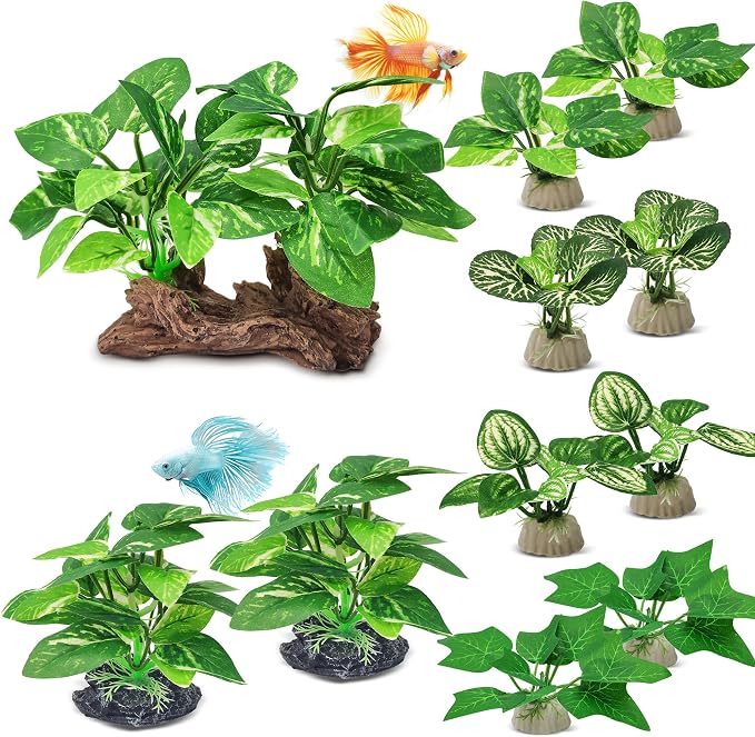 GOZILLA Silk Fish Tank Plants,Reptile Artificial Plant,Reptile Plants for Terrarium,Aquarium Decorations Accessories Set,Resin Driftwood Artificial Silk Aquarium Plant for Fish Tank.(11PCS/A-Set)