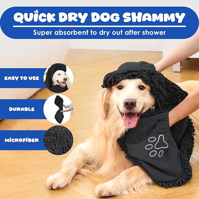 Dog Towel Microfiber, Black | Super Absorbent, Fast Dry, Hand Pockets, Large & Small Dogs, Machine Washable