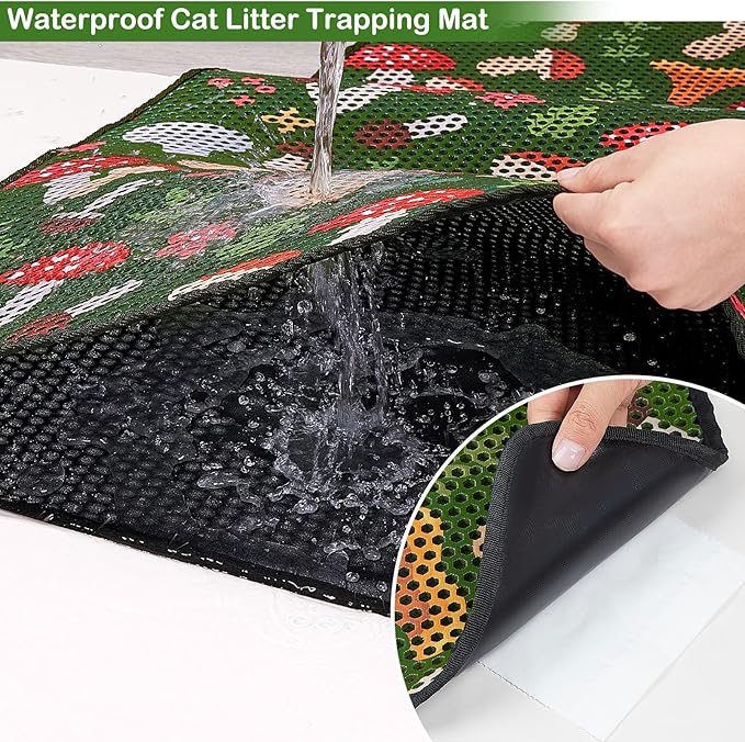 Bienbee Cat Litter Mat, 46"x27" Jumbo Litter Mat Double Layer Litter Trapping Mat,Reduces Tracking and Keeps Floors Clean, Jungle Mushroom XL