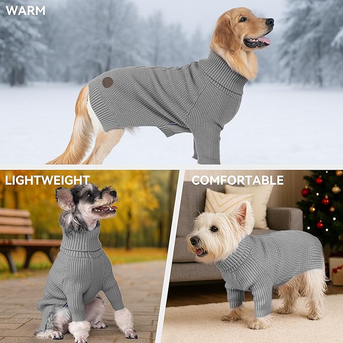 cyeollo Dog Sweater Warm Turtleneck Knitted Sweaters with Long Sleeves Winter Dog Clothes Sweaters for Dogs, Grey L