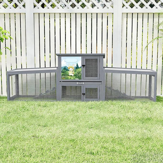 COZIWOW 95inches Extra Large Wood Rabbit Hutch Outdoor Easy to Assemble and Stable Bunny Cage Indoor with Cleaning Tray & Waterproof Roof for Small and Medium Bunny Rabbit Chick（Grey with Pattern）