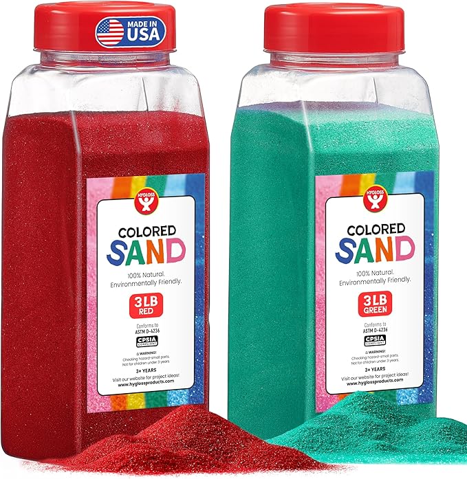 Hygloss Colored Sand for Crafts - 3 lb Bottle, Red and Green - Vibrant Colorful Fine Sensory Play Sand Art Kits for Kids - Classroom Activities for Children 3 4 5 6 7 8 9 10 11 12 - Safe for Ages 3+
