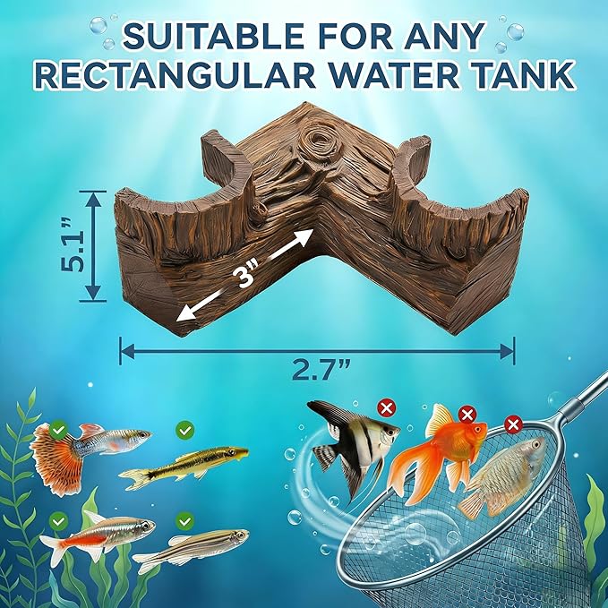Aquarium Cave - Natural Resin Wood-Like Fish Tank Decorations & Accessories, 5.1" x 2" x 2.7" Safe Betta Hide & Tunnel for Guppy, Neon Tetra, Corydoras Catfish - Stackable Corner Ornament