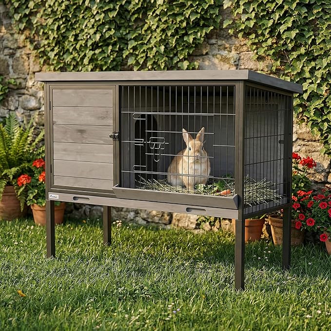 PawHut Elevated Rabbit Hutch Outdoor, Wooden Rabbit Cage Bunny House with Pull-Out Tray and Openable Plastic Roof for Indoor Outdoor, Light Gray