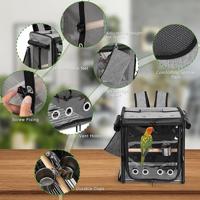 Bird Carrier with Seat Belt for Car Travel, Bird Backpack Carrier with Indestructible Stainless Steel Mesh, Large Bird Carrier Travel Cage, Grey