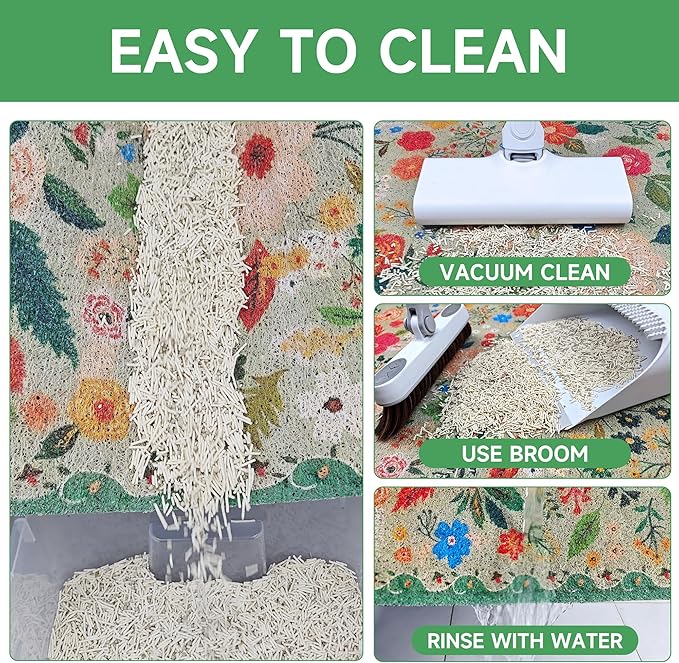 Cat Litter Mat, 24" x 16" Litter Box mat, Upgrade Non-Slip Kitty Litter mat, Traps 100% Litter, Soft on Kitty Paws, Easy Clean for Scatter Control, Bohe cat Food mat, Urine Waterproof