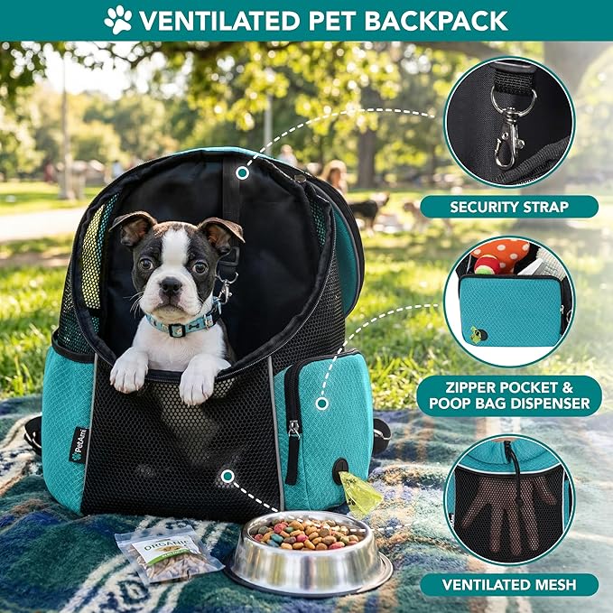 PetAmi Front Carrier Backpack, Ventilated Adjustable Pet Chest Carrier for Dog Cat, Hiking Camping Travel, Small Puppy Medium Cat Carrying Bag, Max 14 lb, Sea Blue