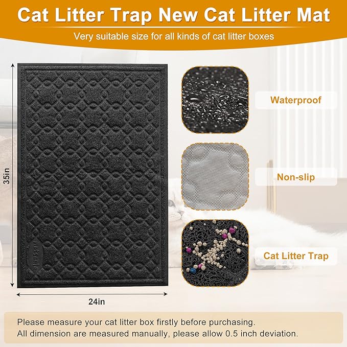 Cat Litter Box Mat, 35" x 24" Large Kitty Litter Trapping Mat Keep Floor Clean, Litter Box Mat Scatter Control, Waterproof, Easy to Clean, Durable Large Size Litter Mats for Floor