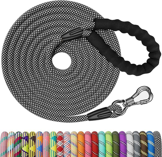 NTR 50FT Long Dog Leash - Black Rope with Swivel Lockable Hook and Comfortable Padded Handle - Dog Training Leash for Walking, Hunting, Camping, Backyard - Suitable for Small, Medium, and Large Dogs