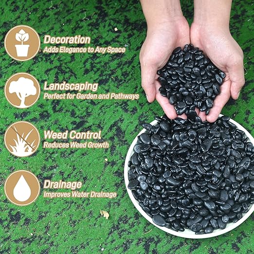 Mulctun 45LB Polished Black Pebbles,1/4" - 3/4" Small Black River Rocks for Landscaping, Natural Gravel Smooth Decorative Stones Dressing for Vases Planters Garden Outdoor Indoor