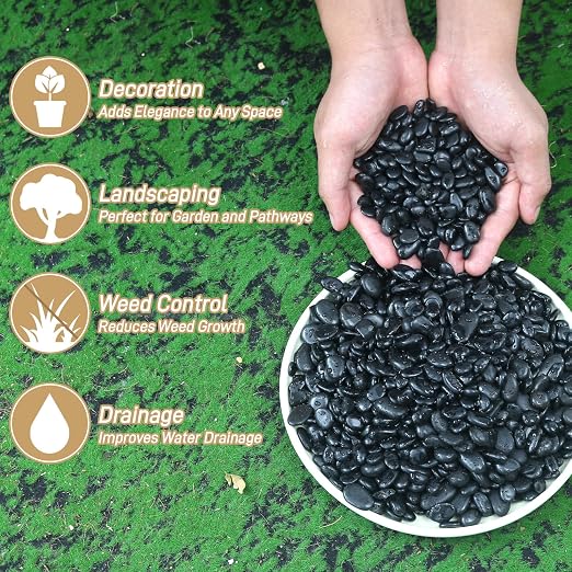 Mulctun 12lb Black Rocks for Planters- 1/4" - 3/4" Polished Black Stones Smooth Flat Pebbles for Fish Tanks Decorative River Rocks for Vases Bonsai Pots Garden Stones for Landscaping and Yards