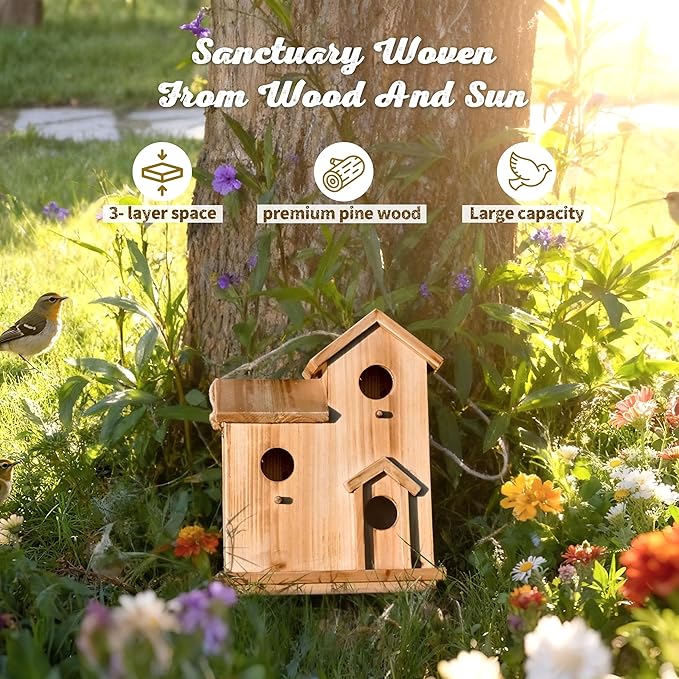 3-Chamber Wooden Bird House with Rope, Outdoor Bird Nesting Box with 3 Entry Holes, Multi-Level Shelter for Small Birds (Wood, 3 Chamber)