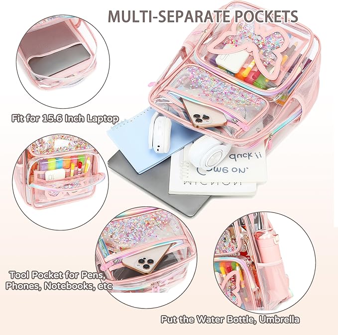 Clear Backpack for School,Large Bookbag Heavy Duty See Through Butterfly Backpacks for Girls Stadium Approved Daypack Transparent Shoulder Bags for Students,Teens,Women,Work,Travel,Concert Pink